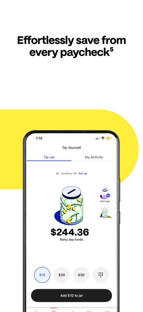 EarnIn: Beyond Cash Advance - The EarnIn app Tip Yourself screen featuring a digital savings jar for rainy day funds