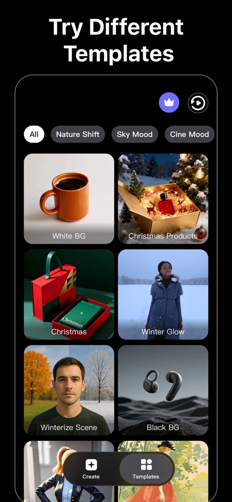 VEアプリのAI動画テンプレートギャラリー。商品背景や季節のテーマが特徴です。
