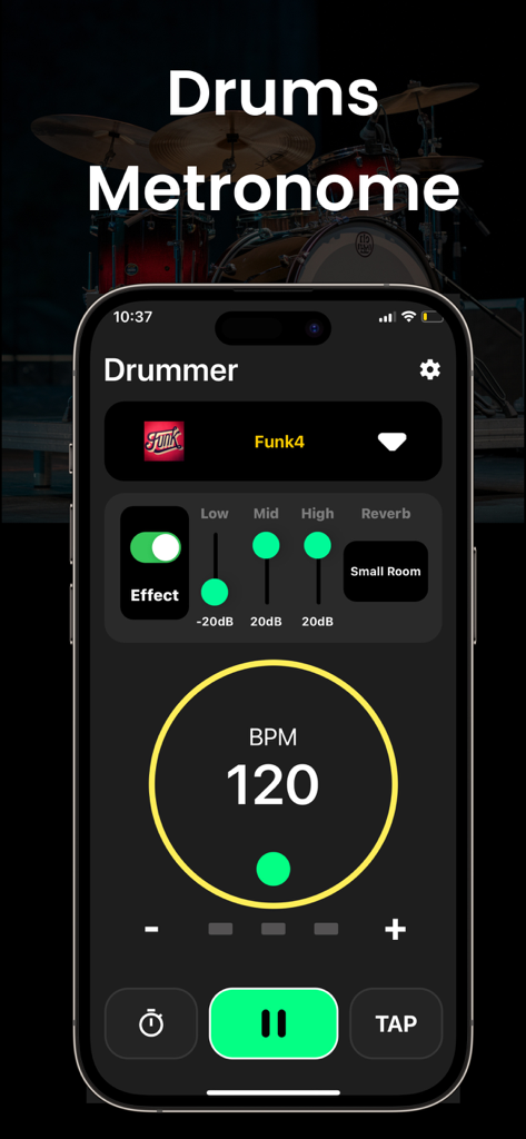 Drums Machine & Drum Set - Interface of the Drums Metronome app displaying a 120 BPM setting and adjustable audio effects