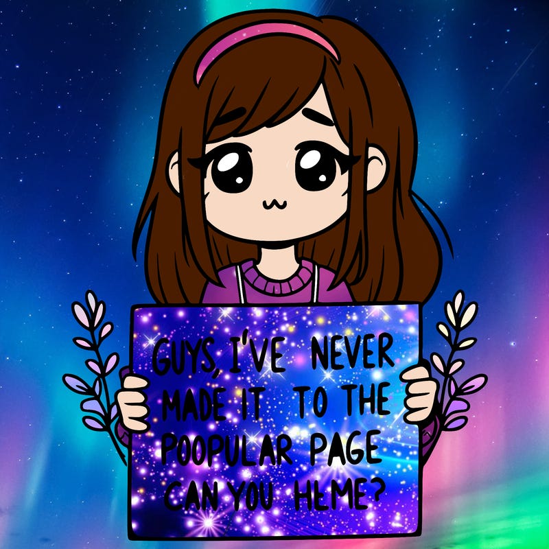 a girl holding up a sign that says, guys, i’ve never made it to the popular page, can you help me?
