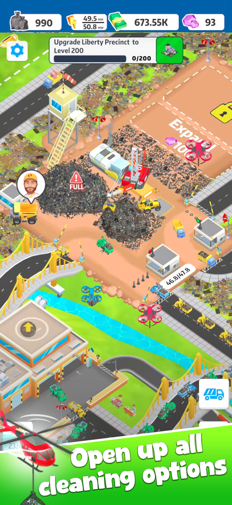 A top-down view of a busy waste management facility in Trash Tycoon Idle Empire with garbage trucks and recycling cranes.