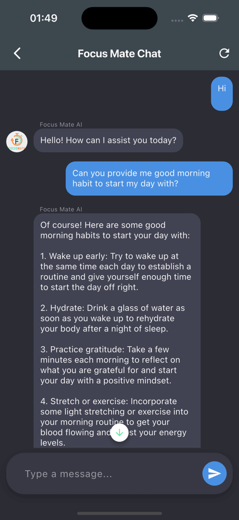 Focus Mate AI assistant chat interface showing a list of suggested morning habits for productivity.