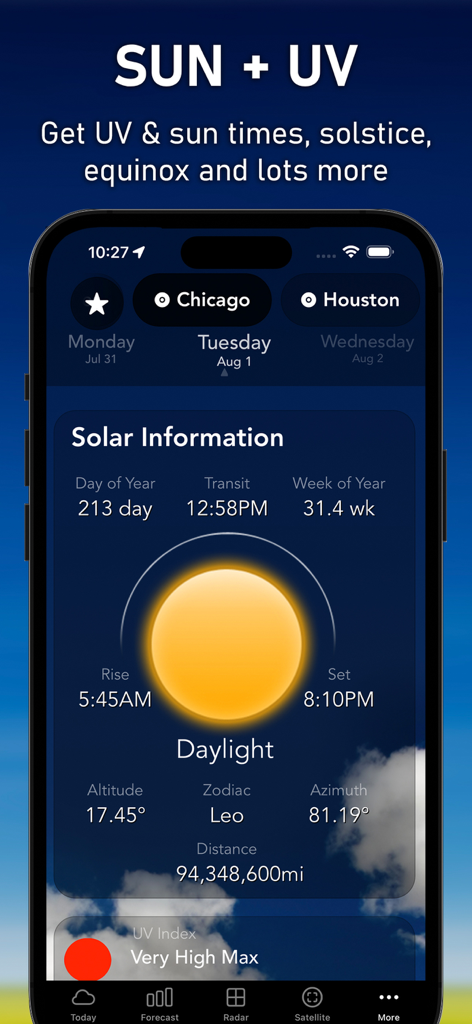 AIM Weather - AIM Weather app screen displaying solar information sunrise sunset and UV index
