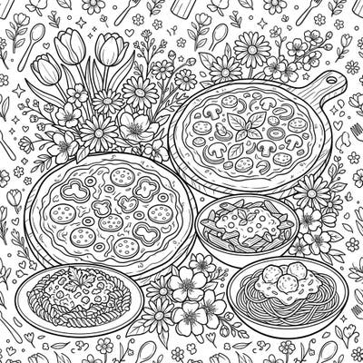 Indulge in a delightful culinary coloring experience with this Spring Pizza & Pasta scene. Perfect for foodies and nature lovers alike, it offers a charming blend of savory delights and blooming florals.