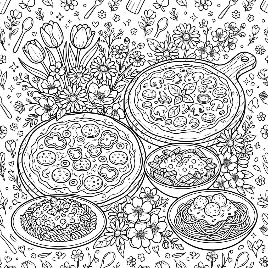 Pizza & Pasta Spring Coloring Page - Free Printable Fun — Color Pop