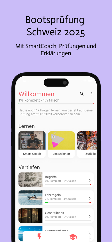 Bootsprüfung Schweiz 2025 - 2025 스위스 보트 시험 앱 대시보드로 학습 카테고리와 진행 상황 추적이 표시됨
