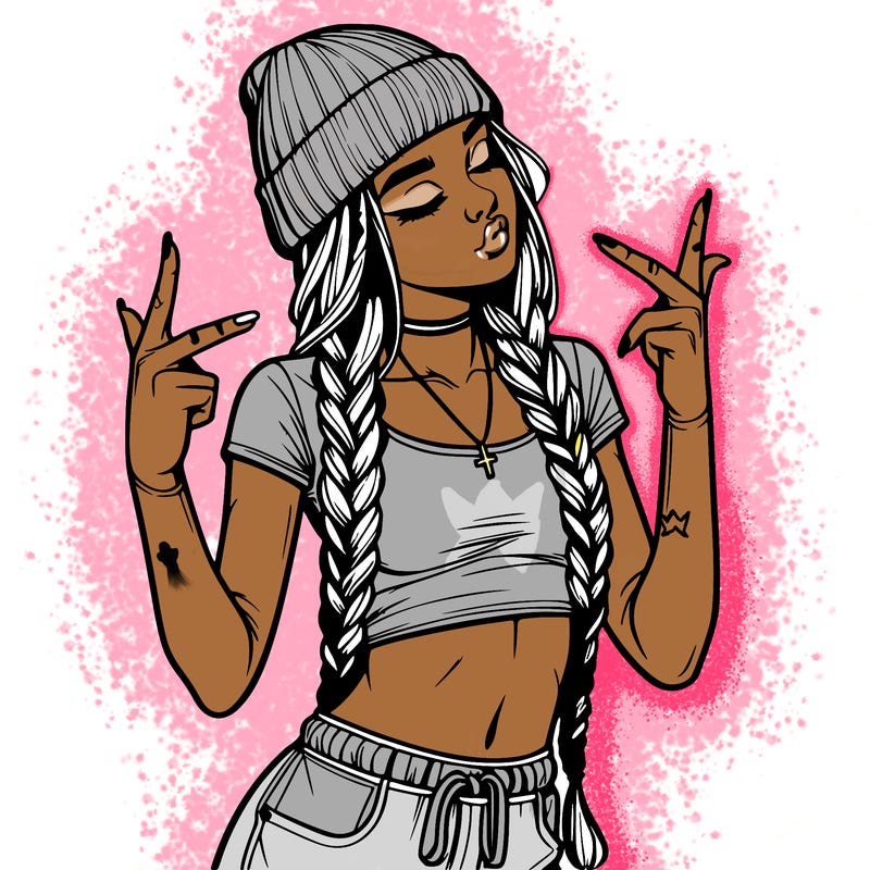 realistic teenage girl with braids and a beanie and crop top doing 🫶🏼
