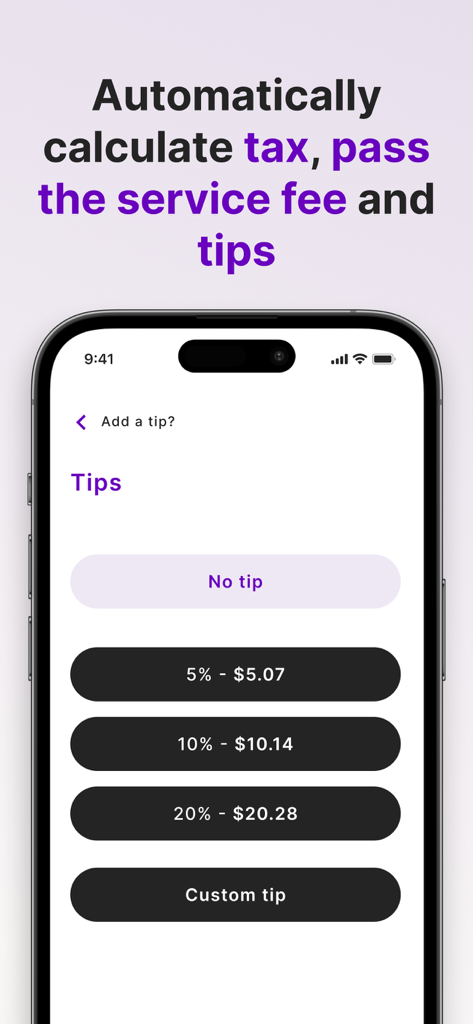 Tap to Pay with Stripe - Paid - iPhone screen showing tipping options and automated fee calculation in the Paid mobile app