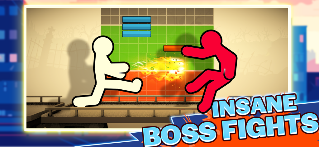 Un combattant stickman blanc et rouge en combat avec le texte des combats de boss insensés