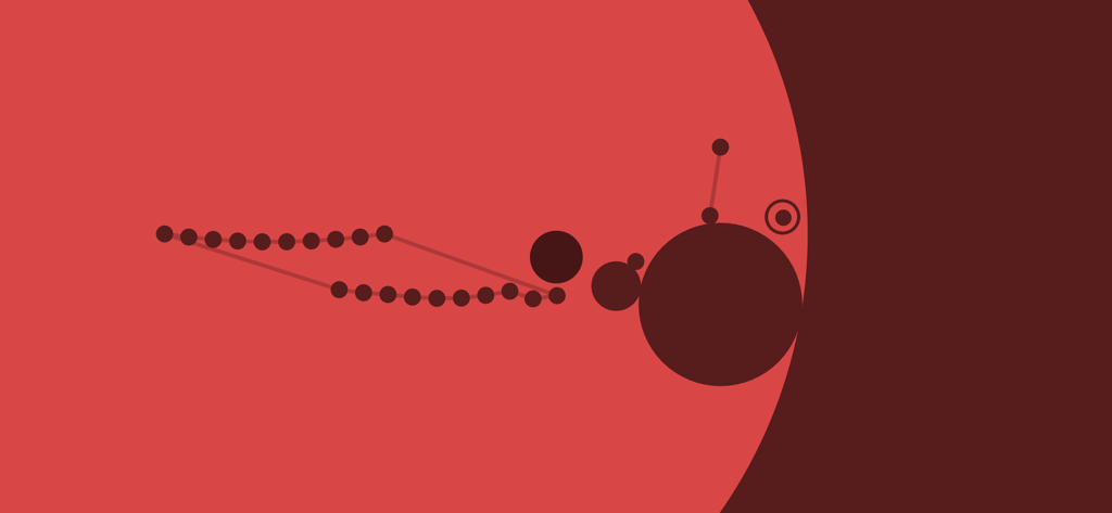 Minimalist red level in circloO physics platformer showing circular obstacles and geometric gameplay mechanics