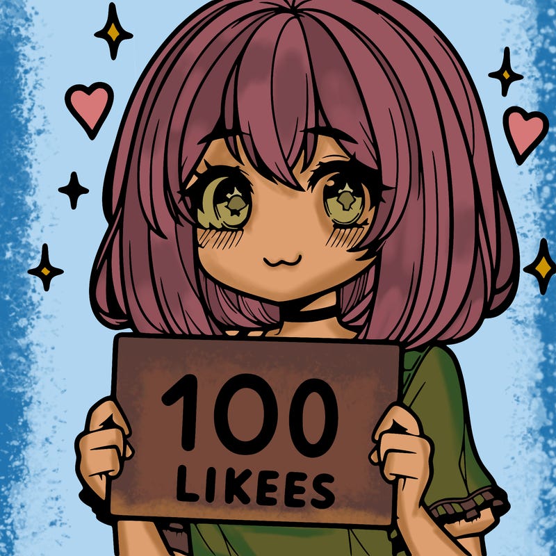 anima girl holding a 100 likes sign in her hand