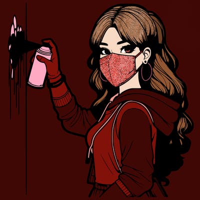 realistic girl with mask spray painting a wall