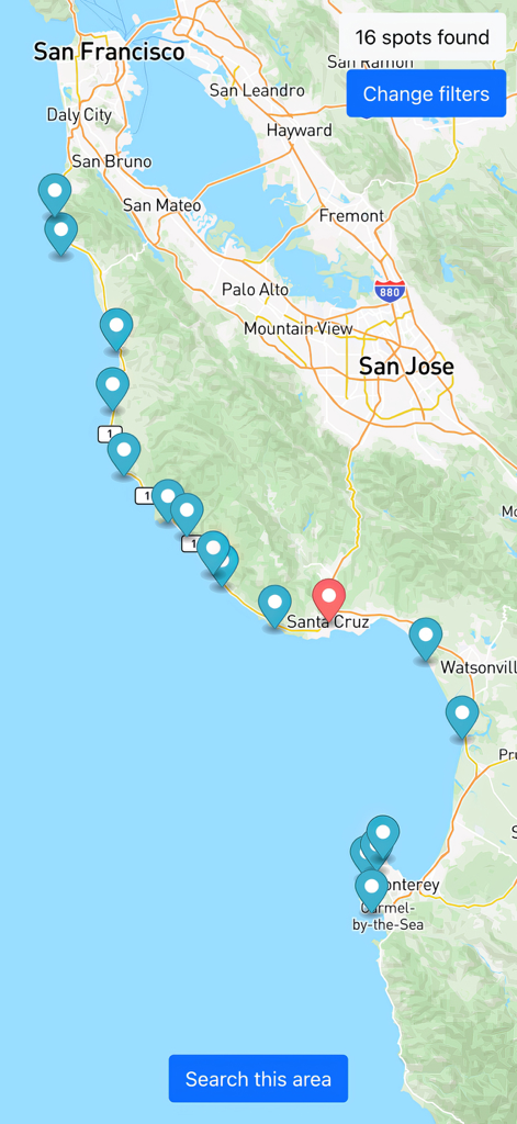 Kook Surf Finder – Spot Filter - Interactive map of the California coast in Kook Surf Finder showing multiple surf spots with condition indicators