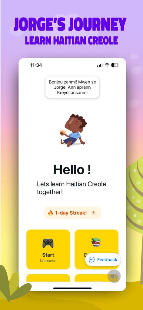 Learn Creole with Jorge - Écran d'accueil de l'application 'Apprendre le Créole avec Jorge' présentant un personnage de dessin animé amical et une salutation en créole haïtien.