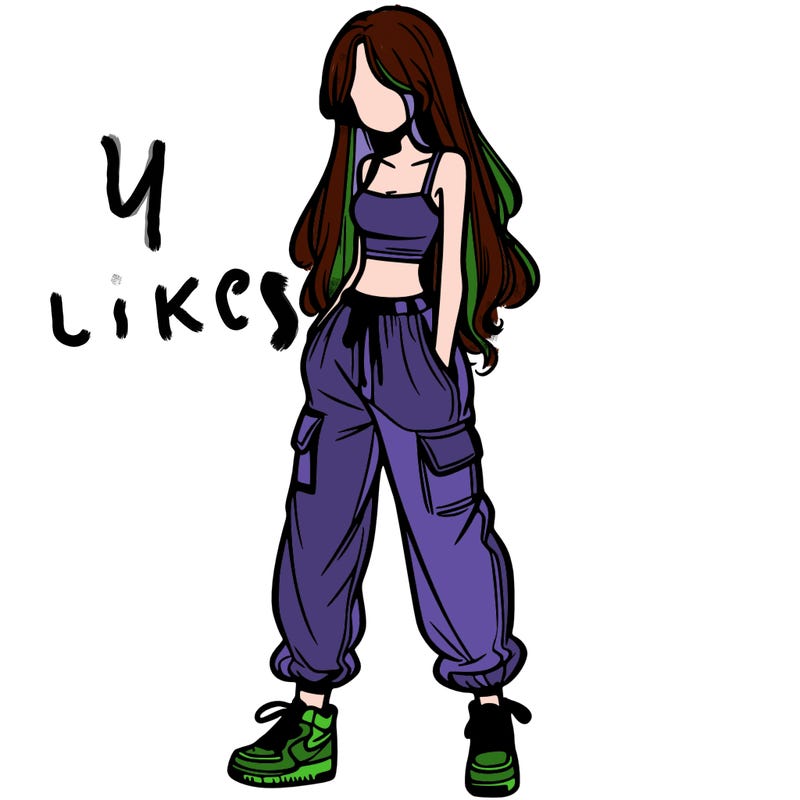 girl in baggy pants crop top and long hair