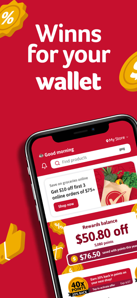 Winn-Dixie mobile app displaying rewards balance points and online grocery discounts