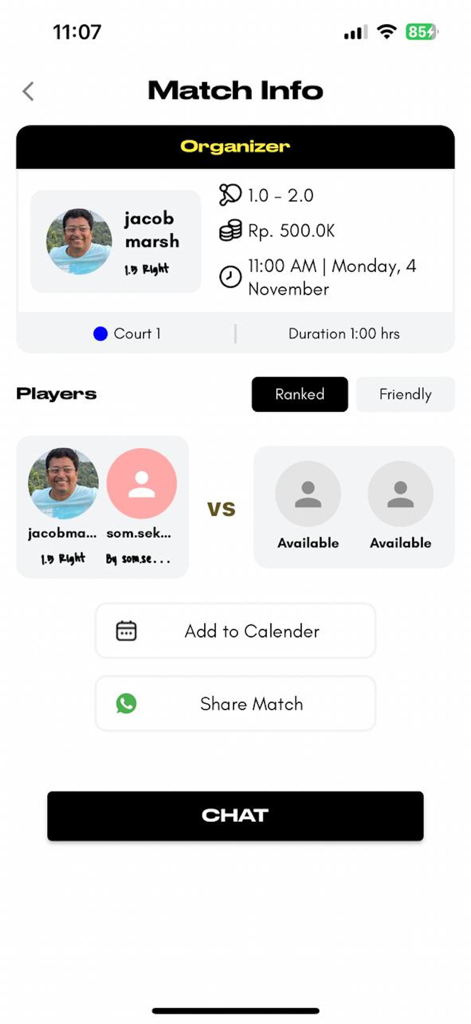 Milos Padel - Milos Padel app interface showing match information including court booking time player availability and match organizer