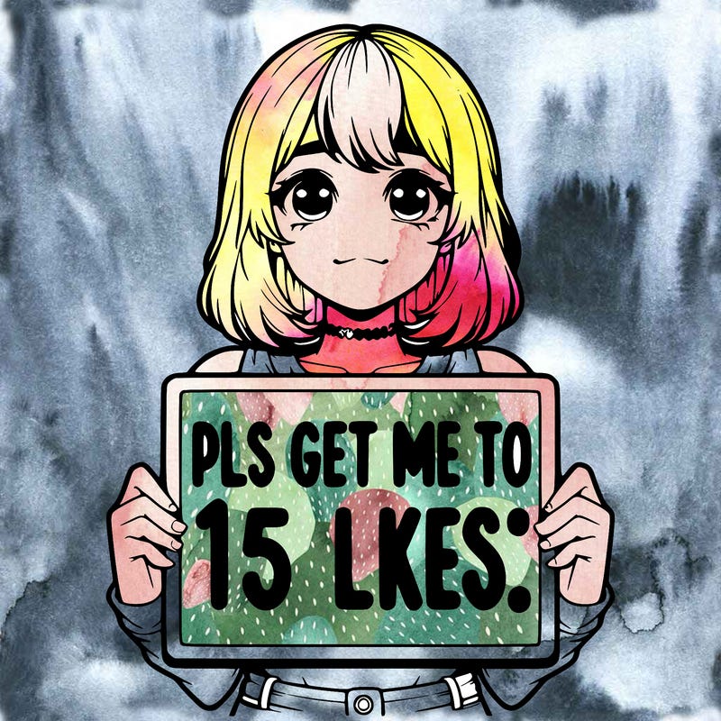 realistic girl holding up a sign that says “pls get me to 15 likes!”