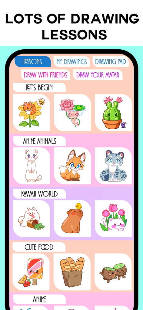 Drawing Vibe: Learn to draw - Drawing Vibe app interface showing various drawing lesson categories like Anime Animals and Kawaii World
