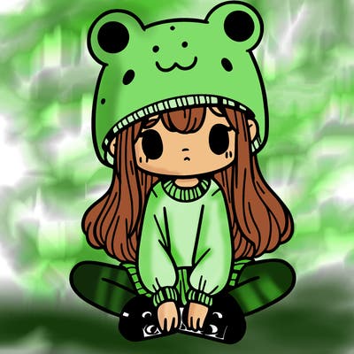 a girl wearing a frog hat and some frog socks