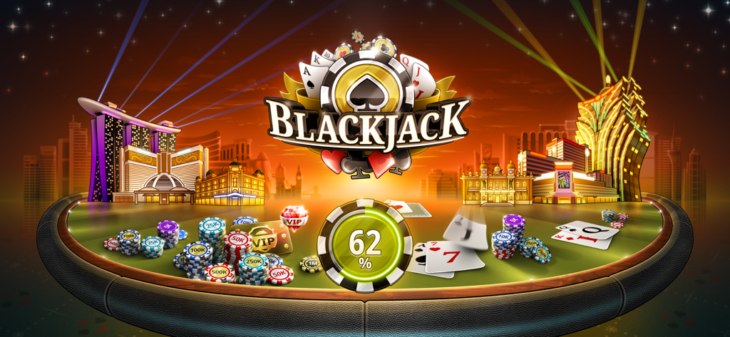 Digitaler Blackjack-Tisch mit Wettchips, Karten und einer Skyline einer globalen Stadt im Hintergrund