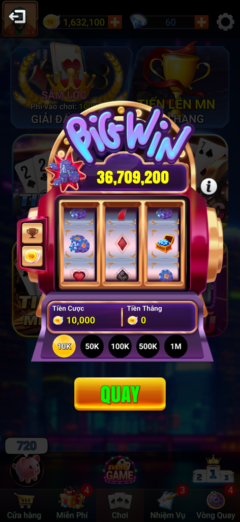 Tiến Lên Offline - Phỏm, Tá Lả - Pantalla de máquina tragamonedas móvil con texto Big Win y botones de juego vietnamitas