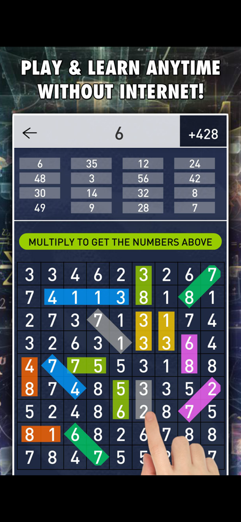 Hidden Numbers: Math Game - Una pantalla de aplicación móvil que muestra un puzle de multiplicación de matemáticas con resaltados de colores y texto que dice 'juega y aprende en cualquier momento sin internet'.