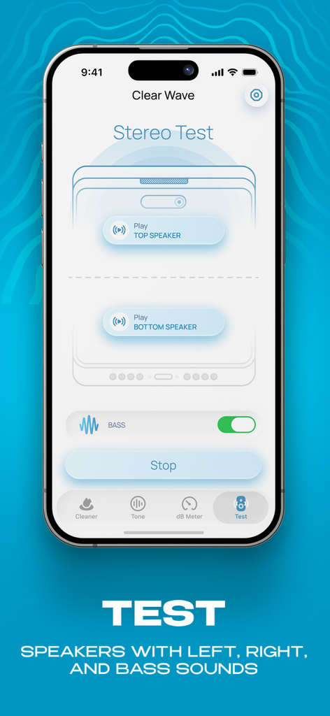 Clear Wave app interface showing the stereo test feature for top and bottom phone speakers