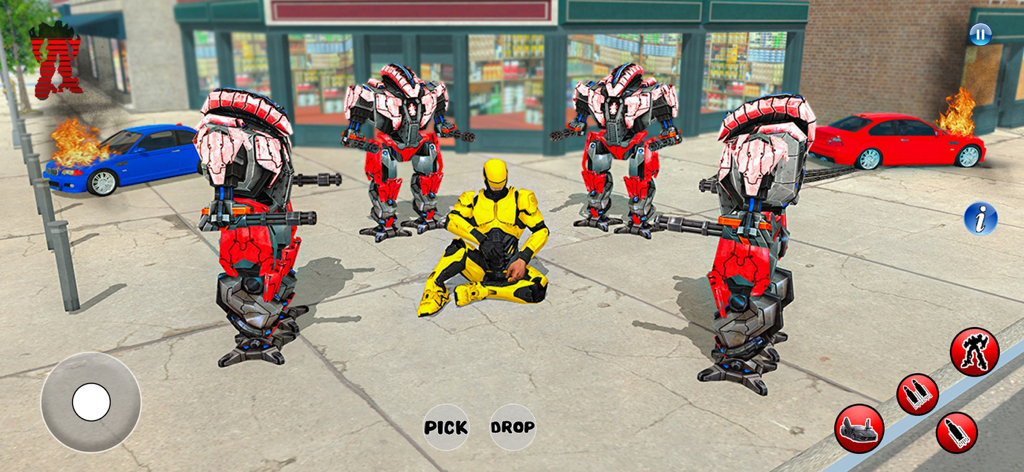 Robot Car War Transform Battle - Un robot amarillo sentado en una calle de la ciudad rodeado por cuatro robots de batalla rojos