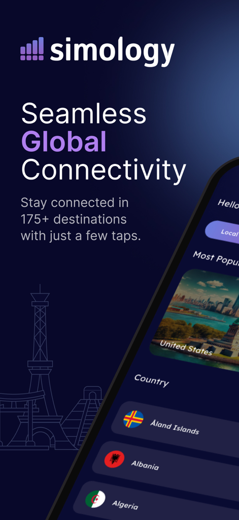 Simology app screen displaying global eSIM connectivity and travel data plans for 175 destinations.