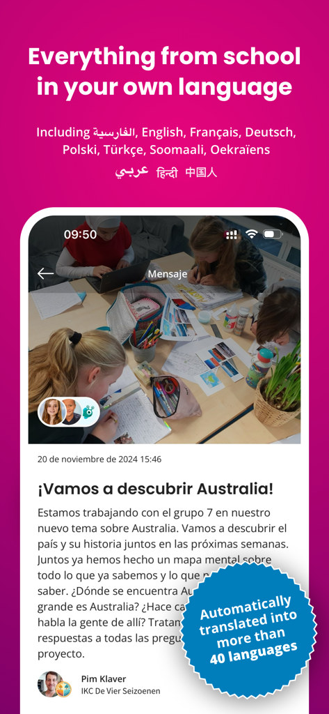 Ziber Kwieb - Ziber Kwieb app interface showing school messages translated into multiple languages