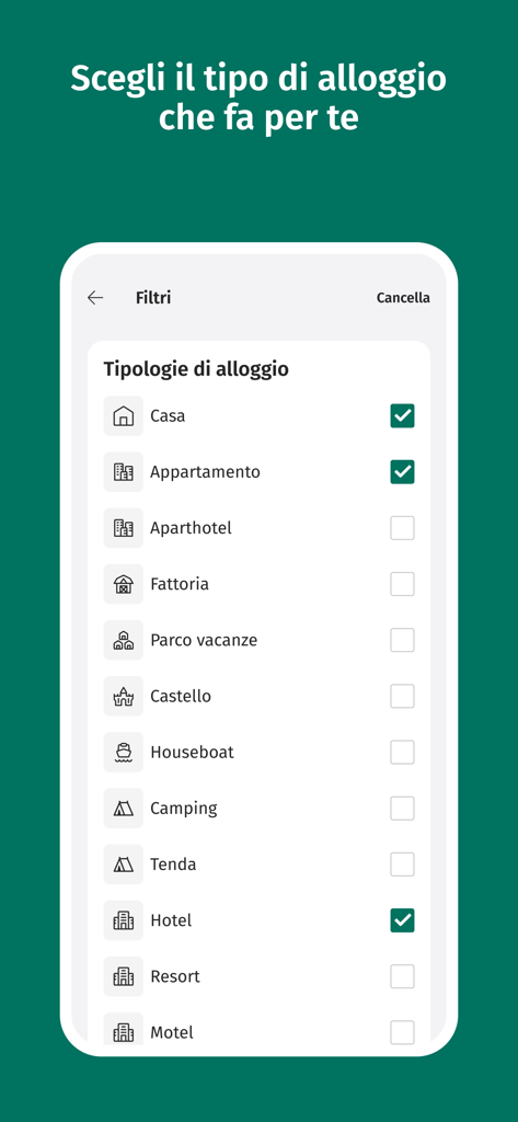 Schermata dell'app mobile CaseVacanza che mostra un menu per filtrare per tipi di alloggio come case, appartamenti e agriturismi.