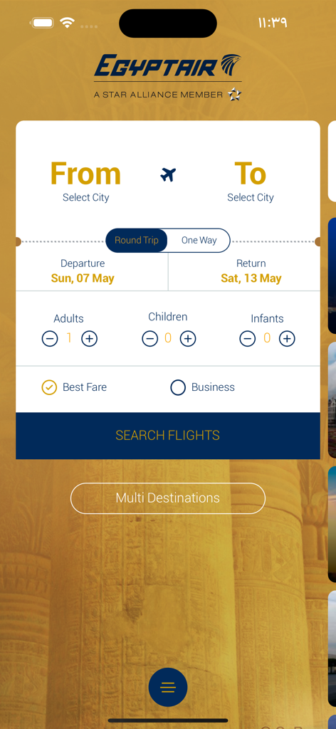Interface de busca de voos do aplicativo móvel EgyptAir com opções de partida e chegada