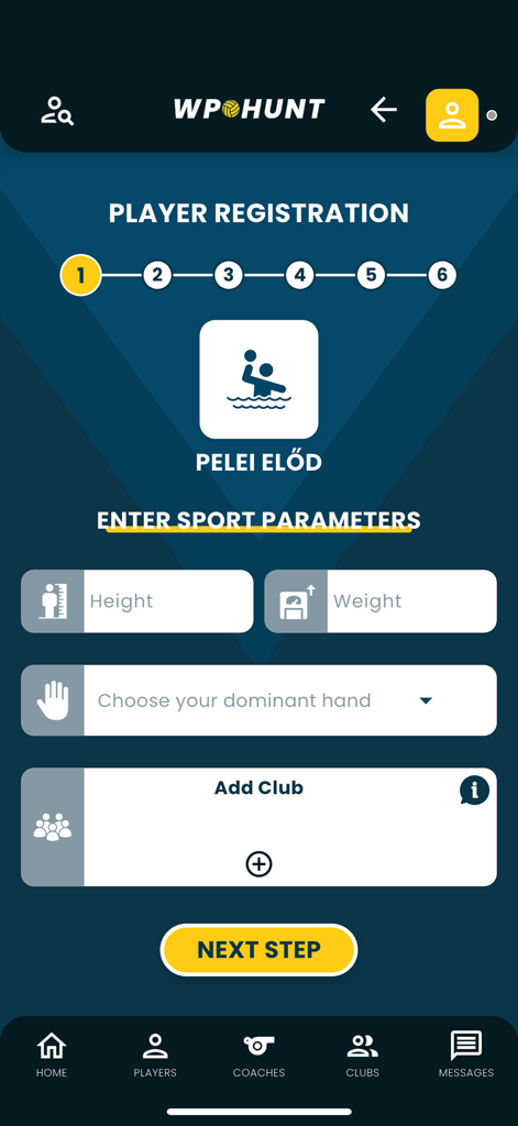 WpHunt - Water polo player registration screen in the WpHunt app showing physical attribute fields