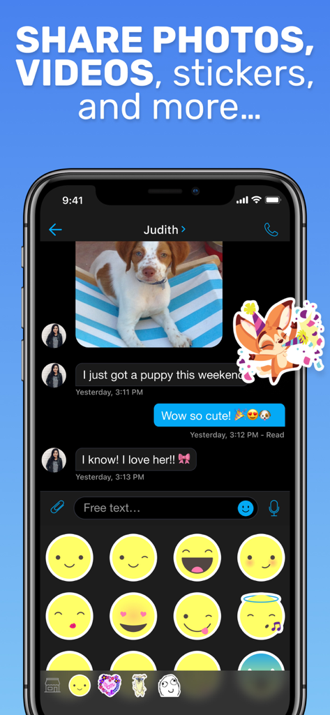 Text Me app interface displaying a conversation with photo sharing festive stickers and an emoji selection panel