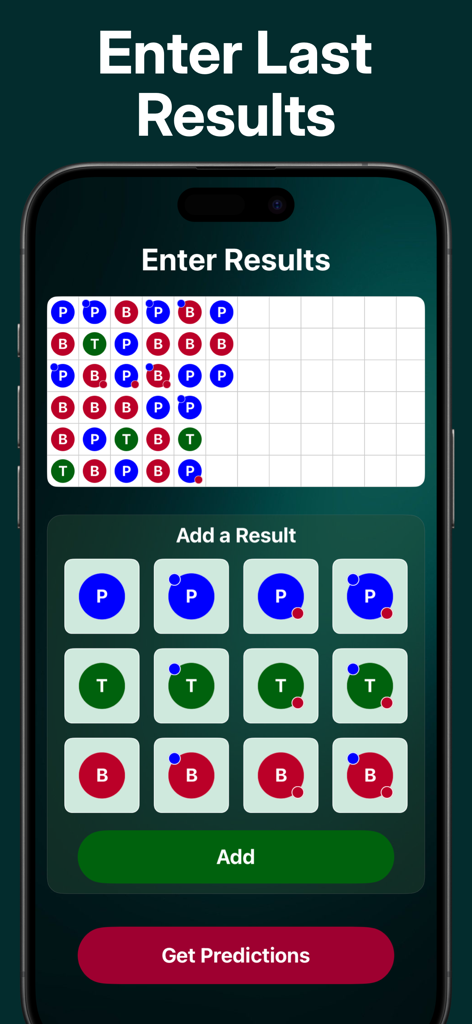 Interfaz de aplicación móvil para ingresar resultados de juegos de Baccarat en la herramienta de predicción de IA