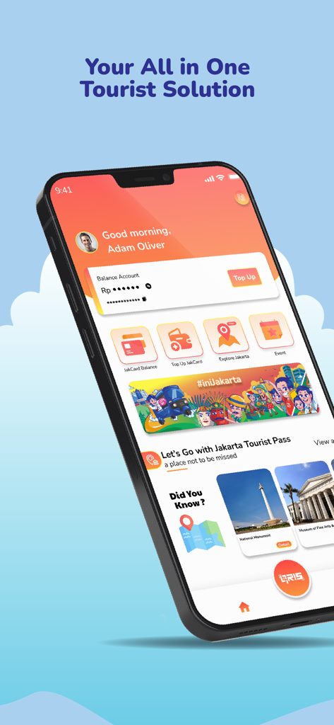 Jakarta Tourist Pass-JakOnePay - Jakarta Tourist Pass app home screen showing travel and payment options
