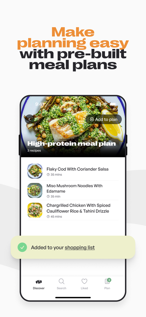 Mob: Meal Planner and Recipes - Mob app interface showing a high-protein meal plan with healthy recipes and a shopping list confirmation.