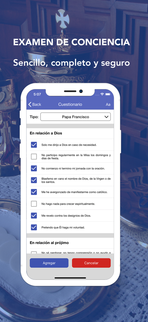 LiturGuia - Captura de pantalla de la app LiturGuia mostrando la función de Examen de Conciencia para la preparación de la confesión católica.