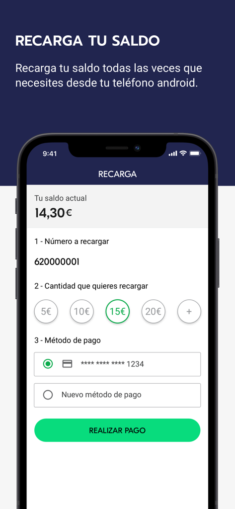 Mi Lyca - Interfaz de la app Mi Lyca que muestra la pantalla de recarga de saldo con opciones de pago y selección de cantidad