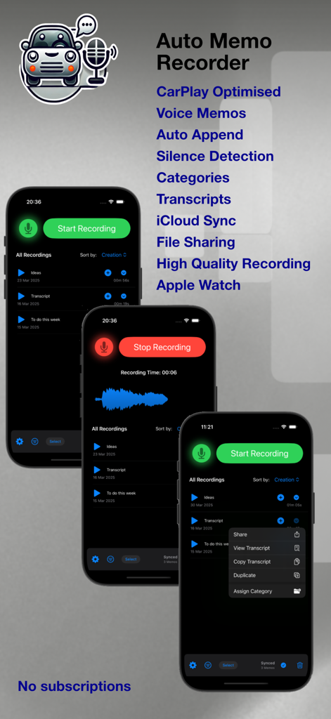 Auto Memo Recorder - Capturas de pantalla de la aplicación Grabadora Auto Memo mostrando la interfaz de grabación, la visualización de la forma de onda y la lista de funciones como optimización para CarPlay y transcripciones