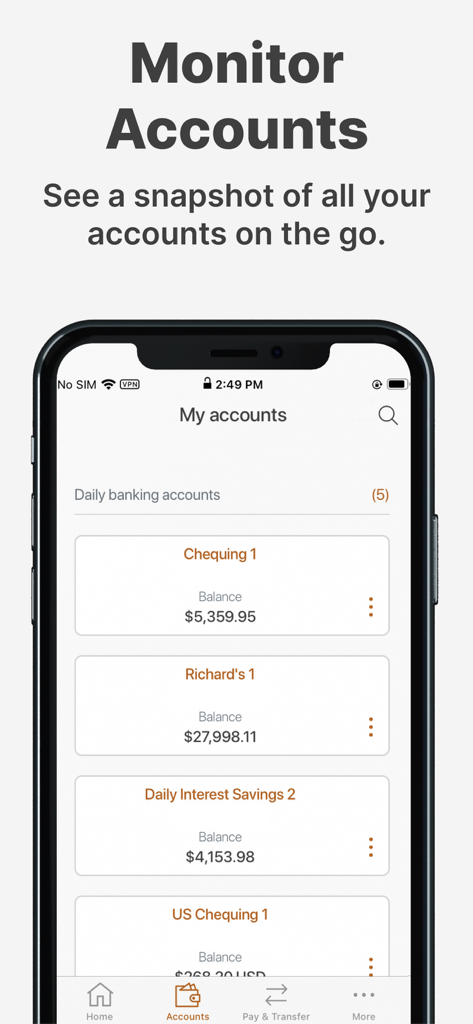 Alterna Savings Mobile Banking - Screenshot of the Alterna Savings mobile app showing a summary of various bank accounts including chequing and savings balances