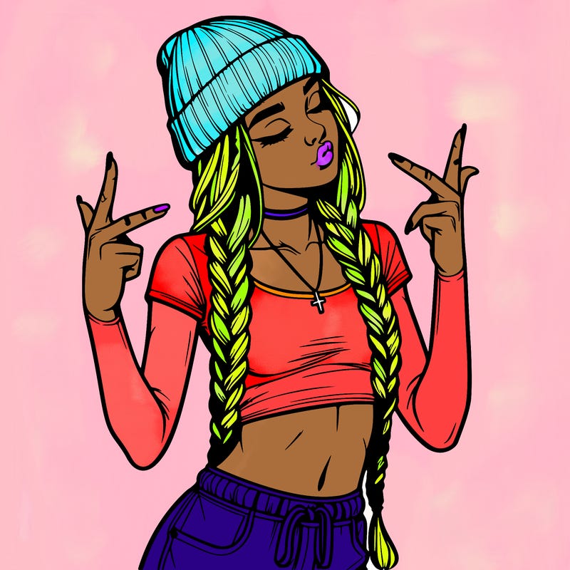 realistic teenage girl with braids and a beanie and crop top doing 🫶🏼