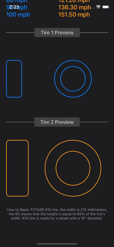 Comparaison visuelle côte à côte de deux tailles de pneus avec données d'ajustement de vitesse et explication de la taille