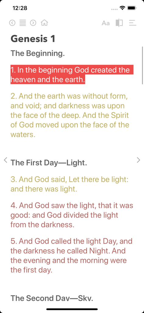 Bible reading interface in the Bible ProStudy app showing Genesis chapter one with highlighted text and custom color themes
