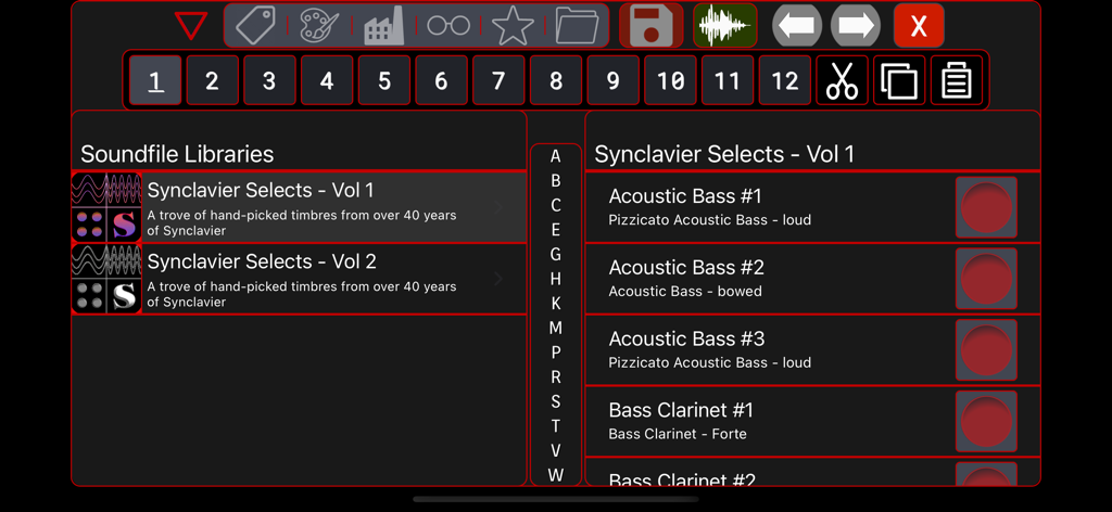 Library browser in the Synclavier Go app showing available sound presets