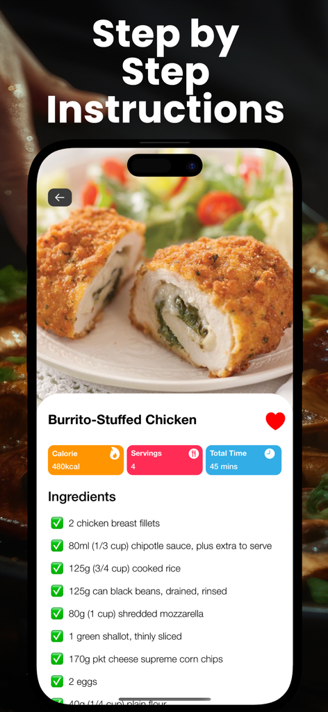 Air Fryer Recipes - Low Fat - Air fryer app screen showing ingredients and step-by-step instructions for a burrito-stuffed chicken recipe