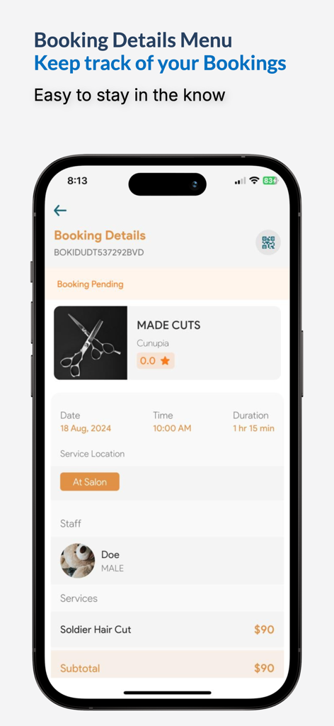 Boek Nu - A smartphone screen displaying the booking details for a haircut on the Boek Nu app including date time and price.
