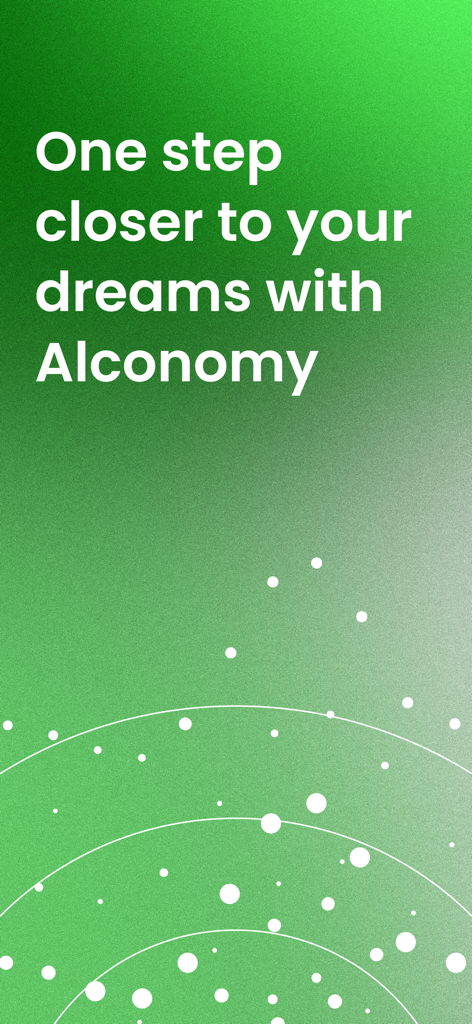 Einführungsbildschirm der AIconomy-App mit motivierendem Text zum Erreichen finanzieller Ziele auf einem grünen Farbverlaufshintergrund.