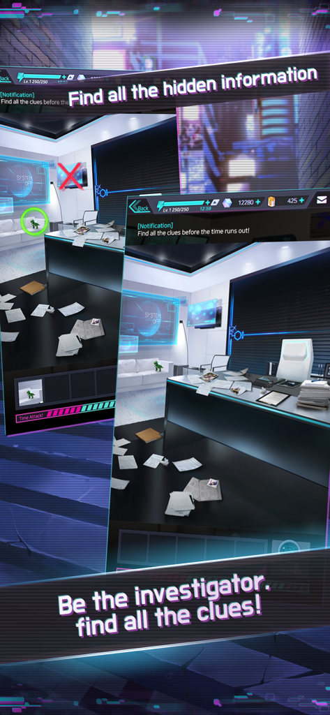 A gameplay screenshot of Mayday Memory showing a futuristic private investigator office where players find hidden clues and information